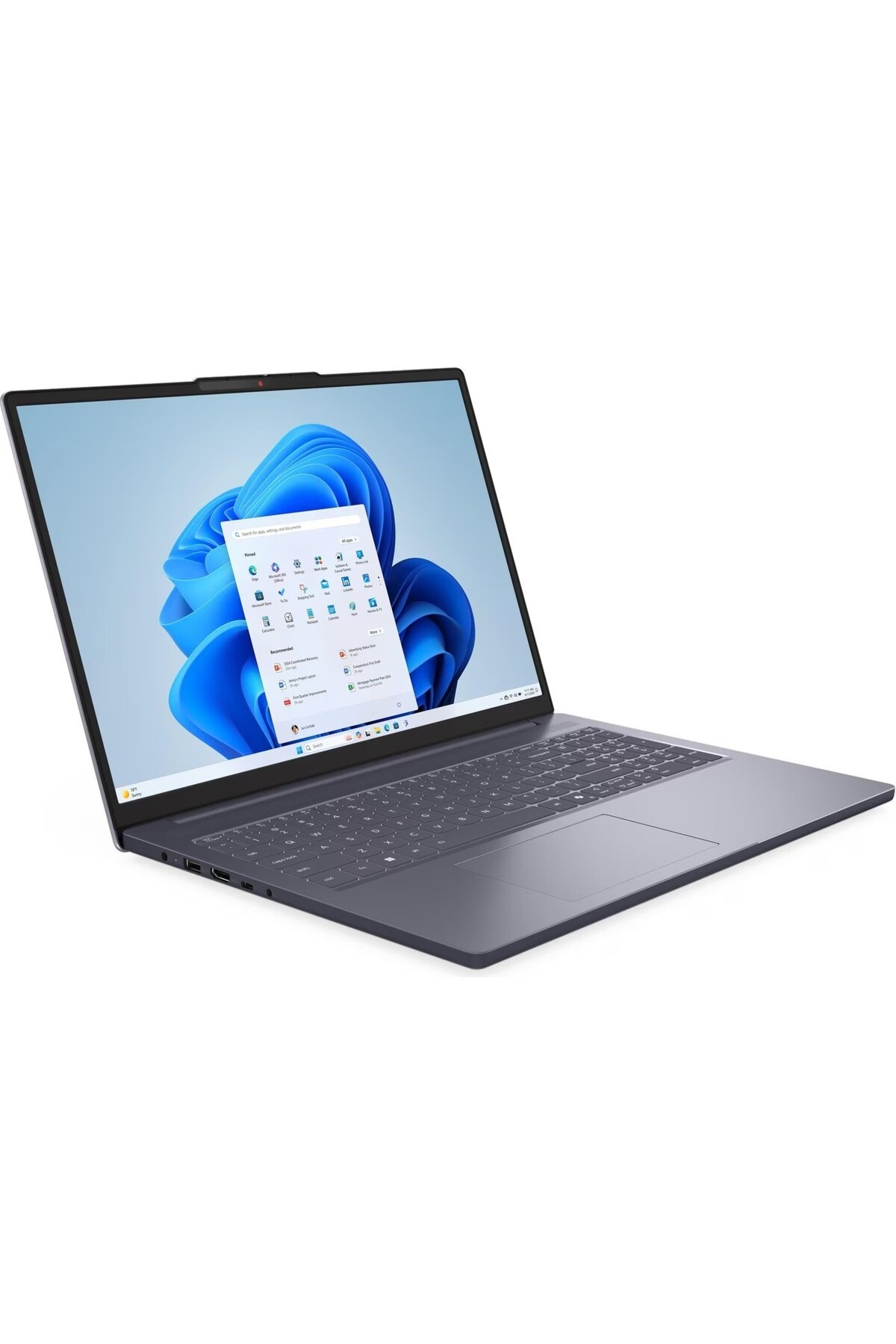 Ekranında Windows 11 gösteren açık, koyu renkli bir dizüstü bilgisayar.