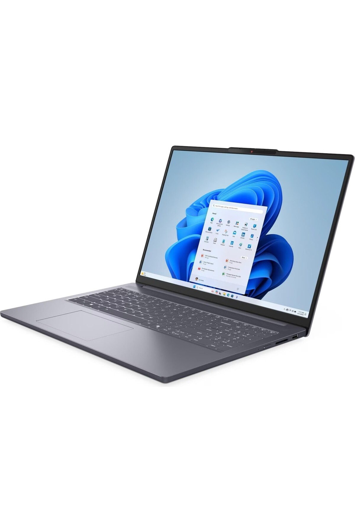 Ekranında Windows 11 arayüzü gösteren açık, gri bir dizüstü bilgisayar.