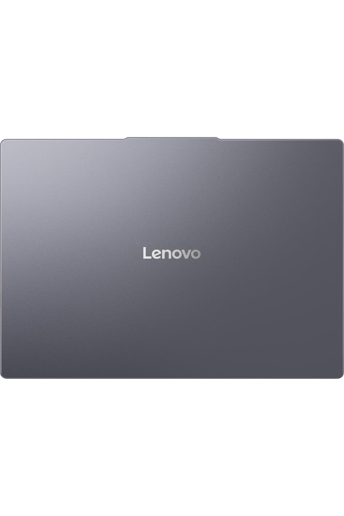 Kapalı, gri Lenovo dizüstü bilgisayarın üst yüzeyinde gümüş renkli logo.