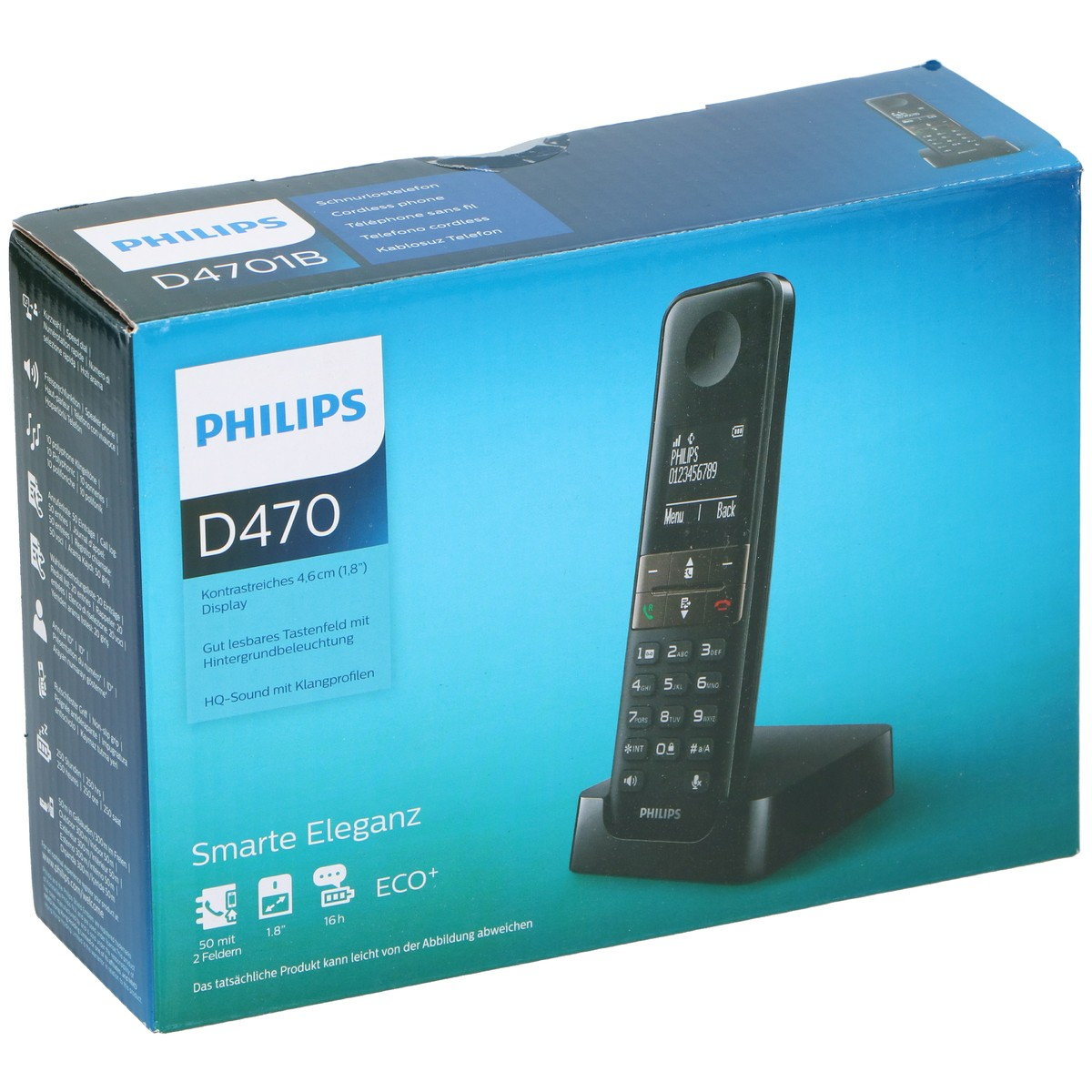 Box of a Philips cordless phone D470 showing the handset and charging base.