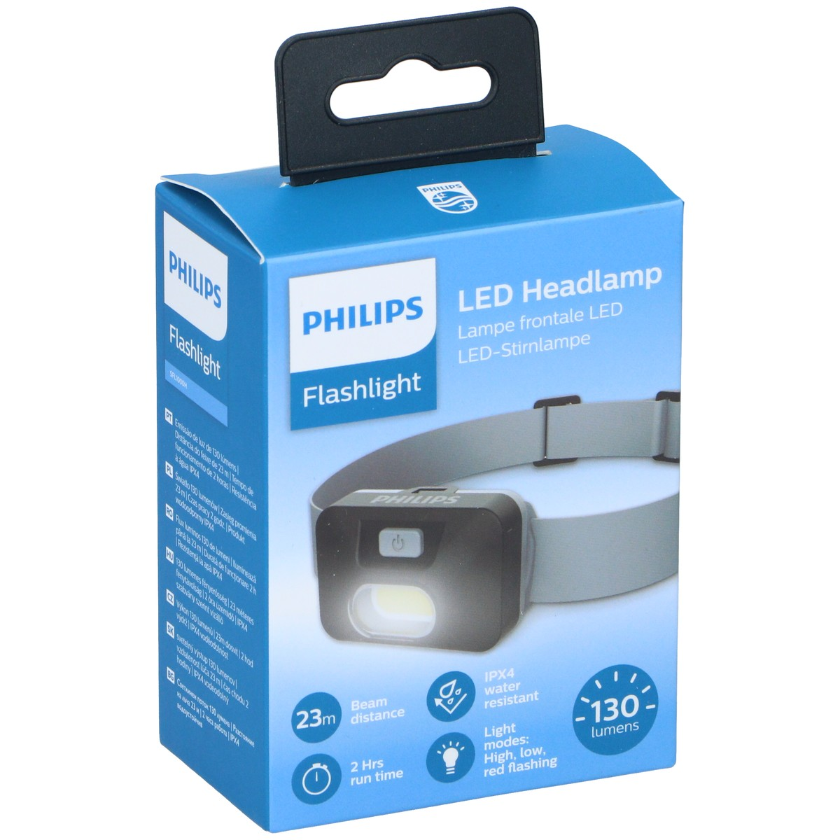 Philips LED Stirnlampe auf blauem Karton mit Abbildungen, 130 Lumen.