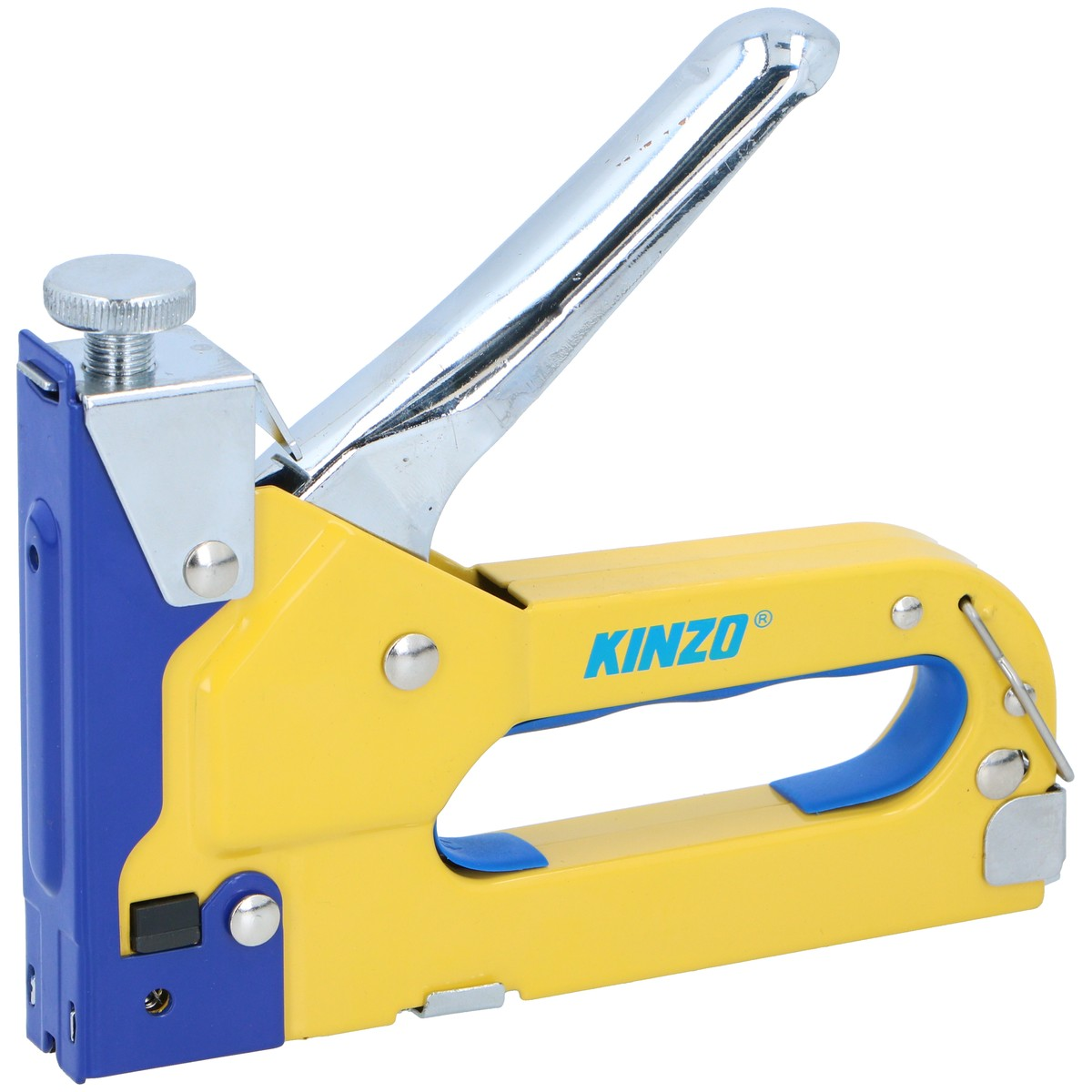 Yellow and blue staple gun with a silver lever and adjustment knob.