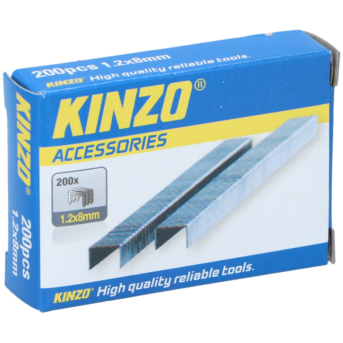 Box of 200pcs 1.2x8mm staples, Kinzo Accessories brand, with staples visible.