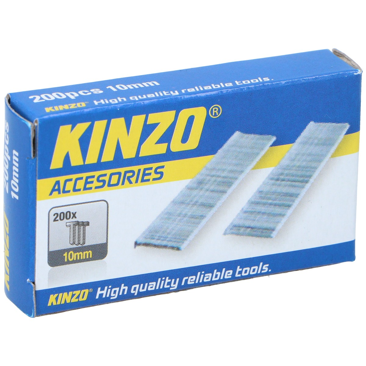 A blue box displaying silver nails and the KINZO logo.