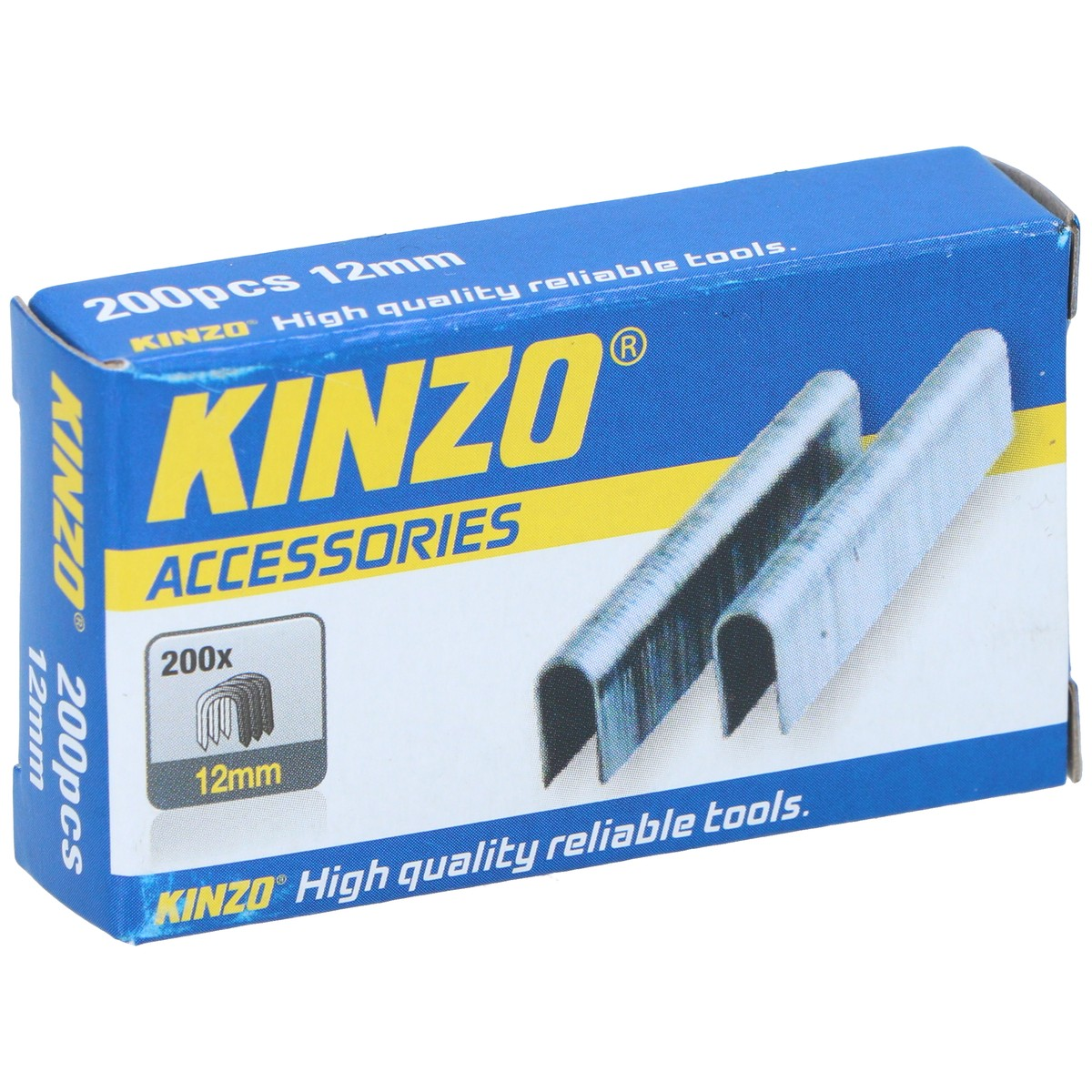 A box of 200 Kinzo 12mm staples, silver, with branding.