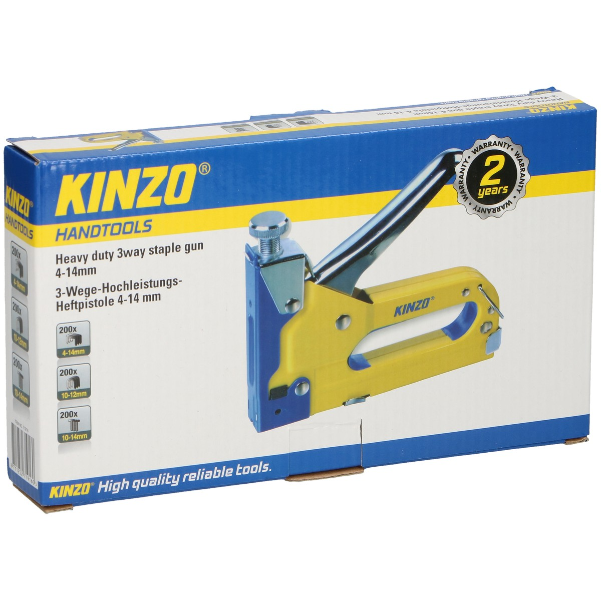 Yellow and blue hand staple gun with Kinzo logo on the box.