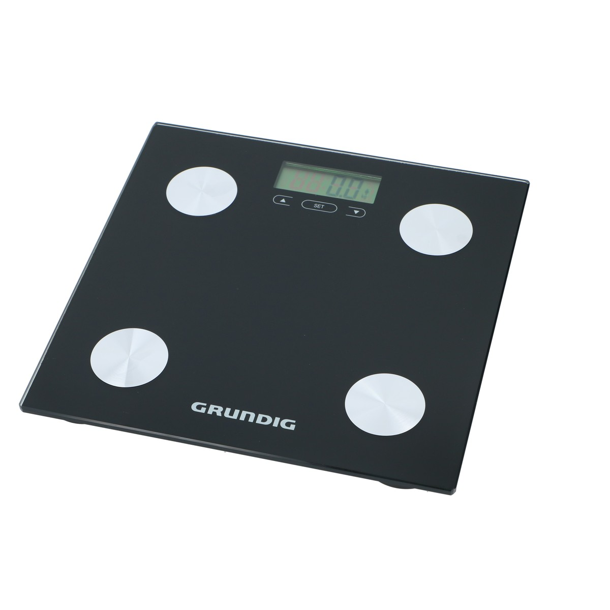 Black digital scale with silver circles and LCD display.