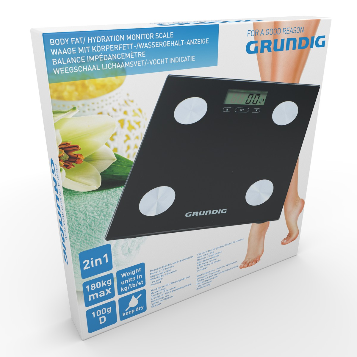 A black Grundig body fat scale with digital display and flowers.