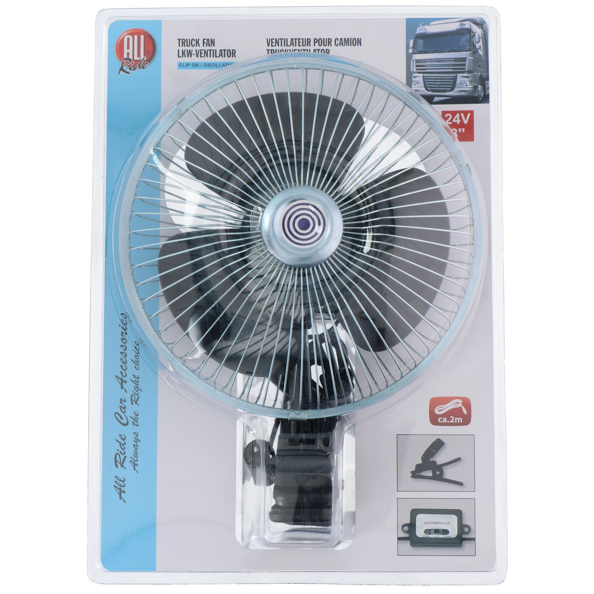 Un ventilateur de camion 24V avec fixation clip et cordon d'env. 2m.