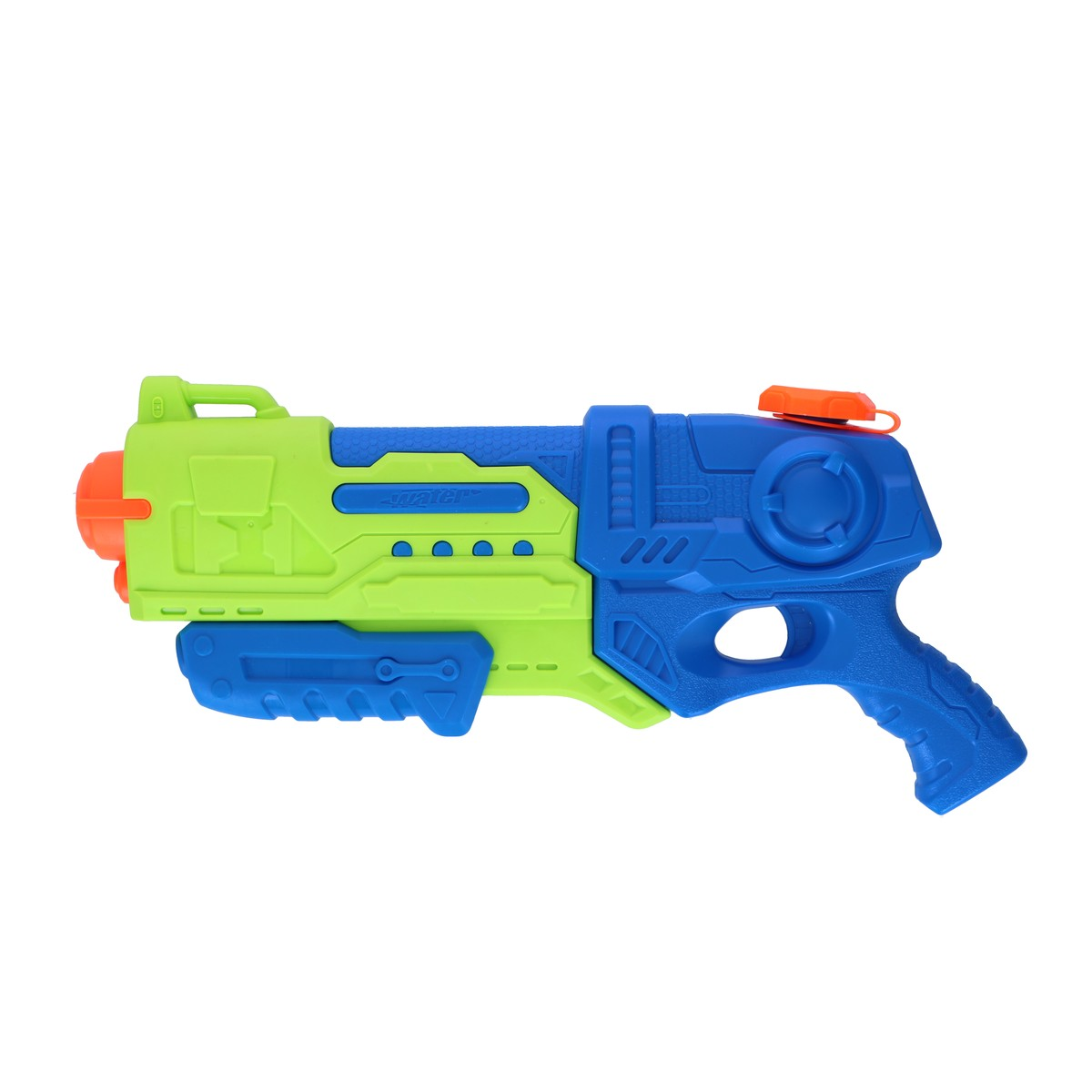 Un pistolet à eau jouet bleu et vert avec un bouchon orange sur fond blanc.