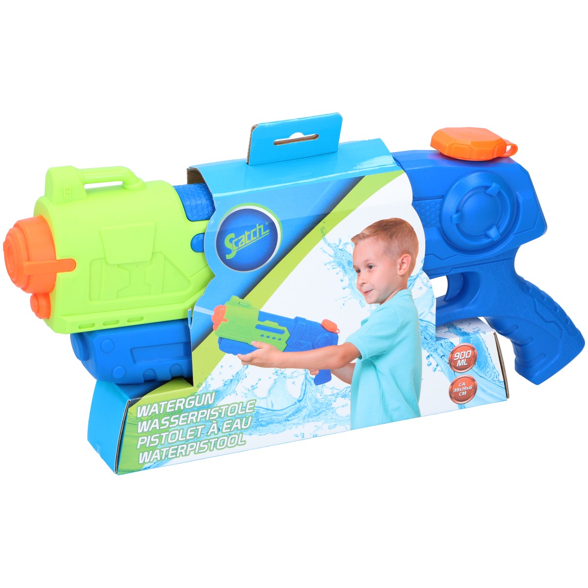 Pistolet à eau bleu et vert sur emballage avec un garçon tenant un pistolet plus petit.