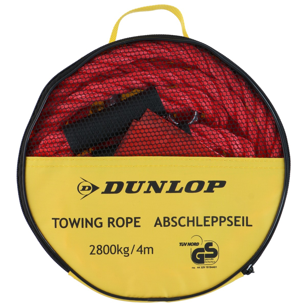 Rode Dunlop sleepkabel in gele tas met GS-keurmerk.