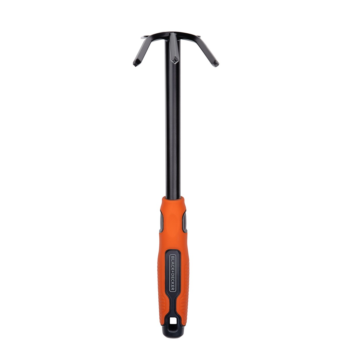 A black and orange hand cultivator with a three-pronged head and a textured grip handle stands upright against a white background.