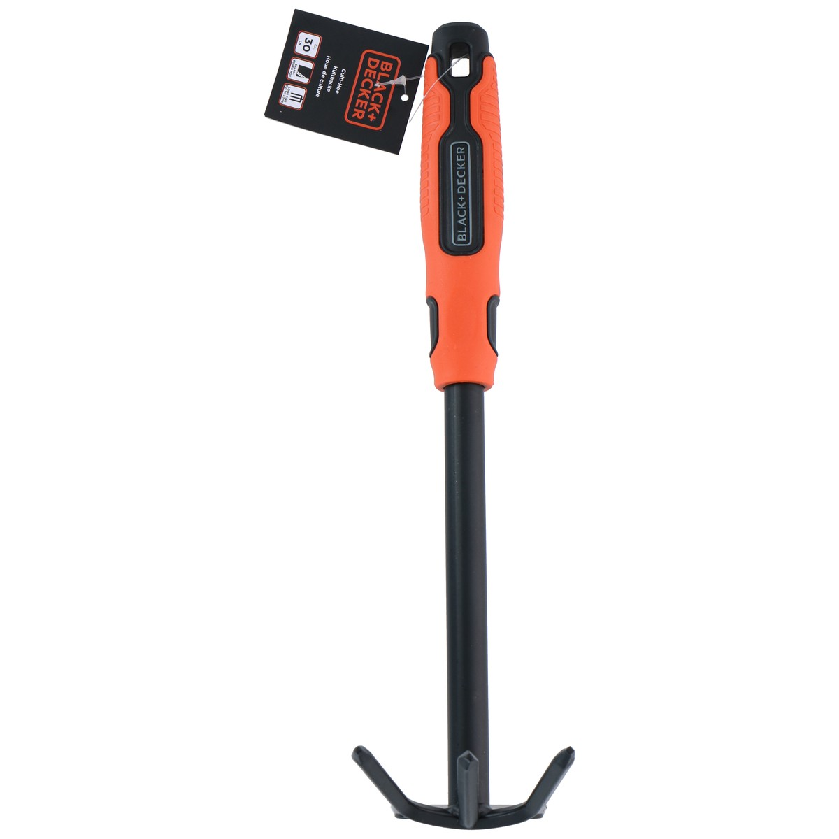 Black and Decker garden cultivator with orange handle and black tines.