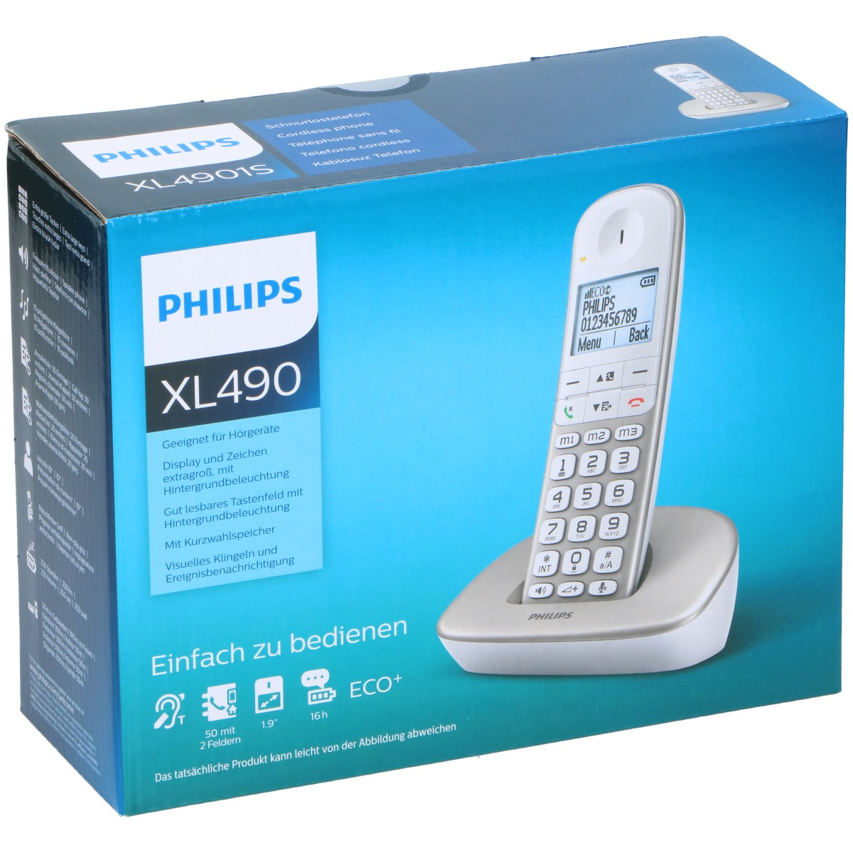 Philips Cordless Phone XL490 on blue box, showing phone and charging base.