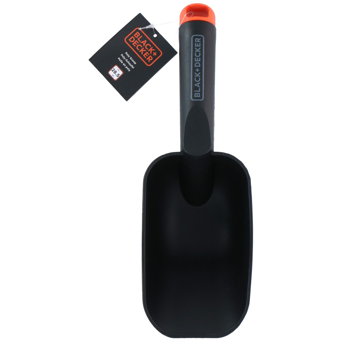 Black plastic scoop with orange handle and tag.