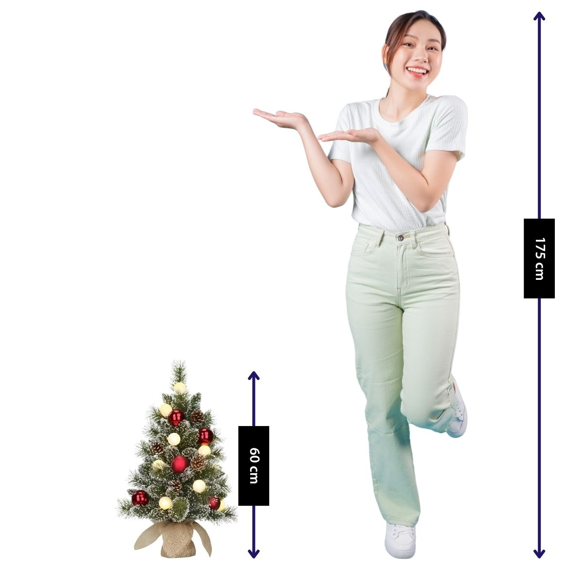 A woman stands beside a 60 cm small Christmas tree. Total height 175 cm.