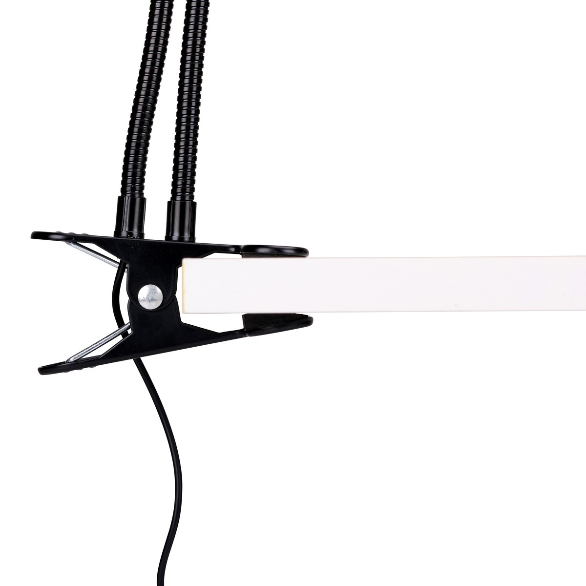 Two black gooseneck arms held by a clamp onto a white bar.