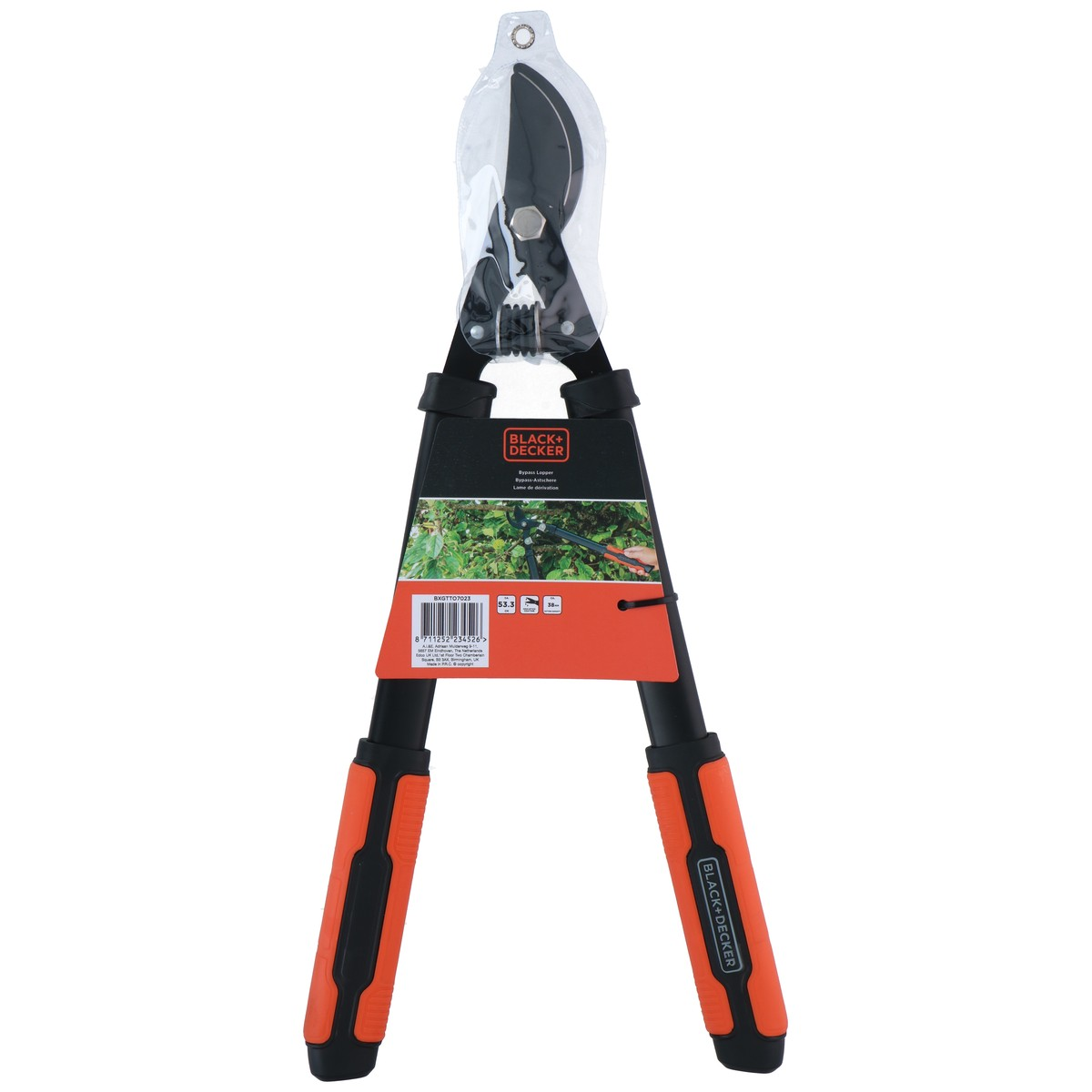 Black+Decker Bypass-Astschere mit schwarzen und orangen Griffen.
