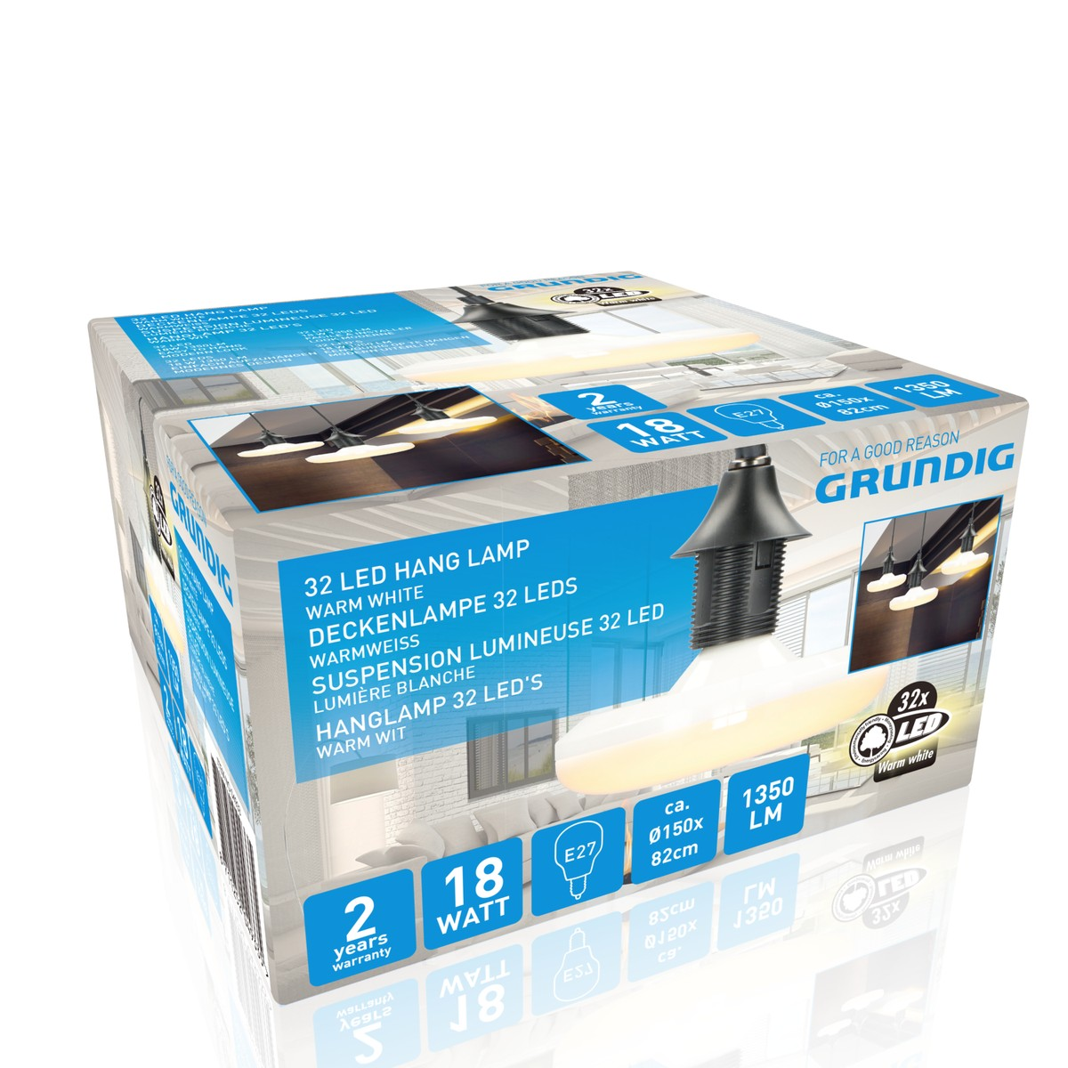 Grundig 32 LED hang lamp, warm white, 18W, Ø150x82cm, 1350lm.