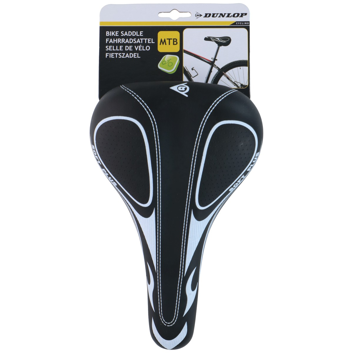 Zwart fietszadel met wit vlammenpatroon en Dunlop logo.