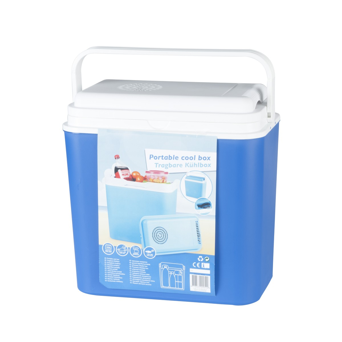 Borsa frigo blu con coperchio e manico bianchi, fronte con immagini prodotto.