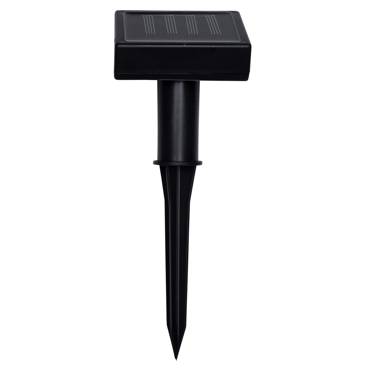 Black solar garden light stake with pointed end and solar panel.