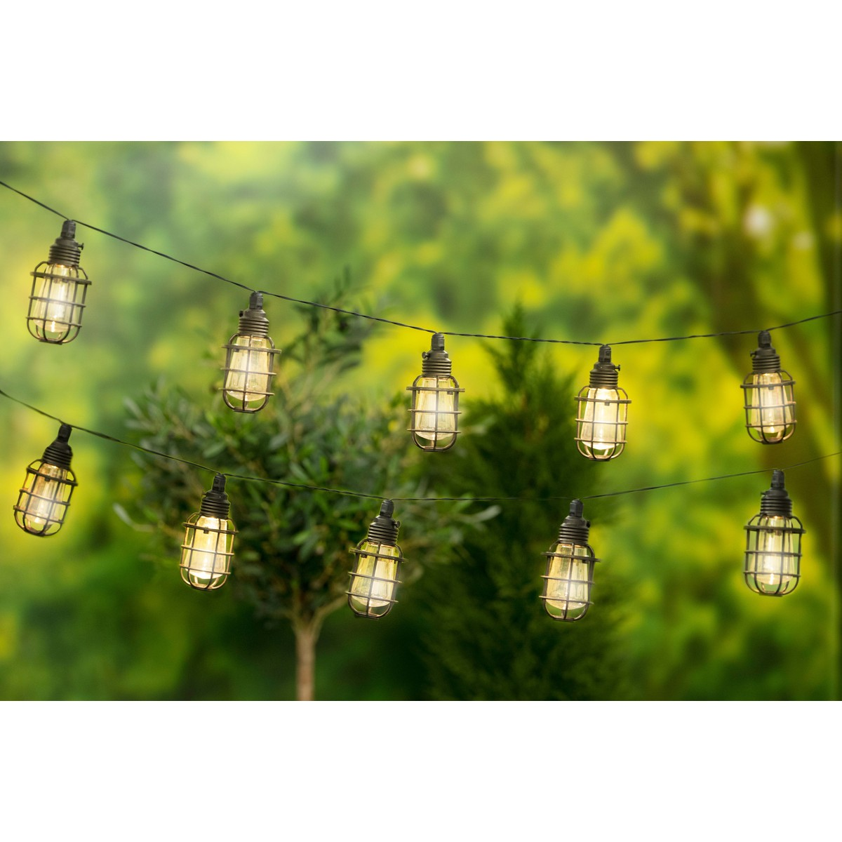 String lights with caged bulbs hang outdoors against a blurred green background.