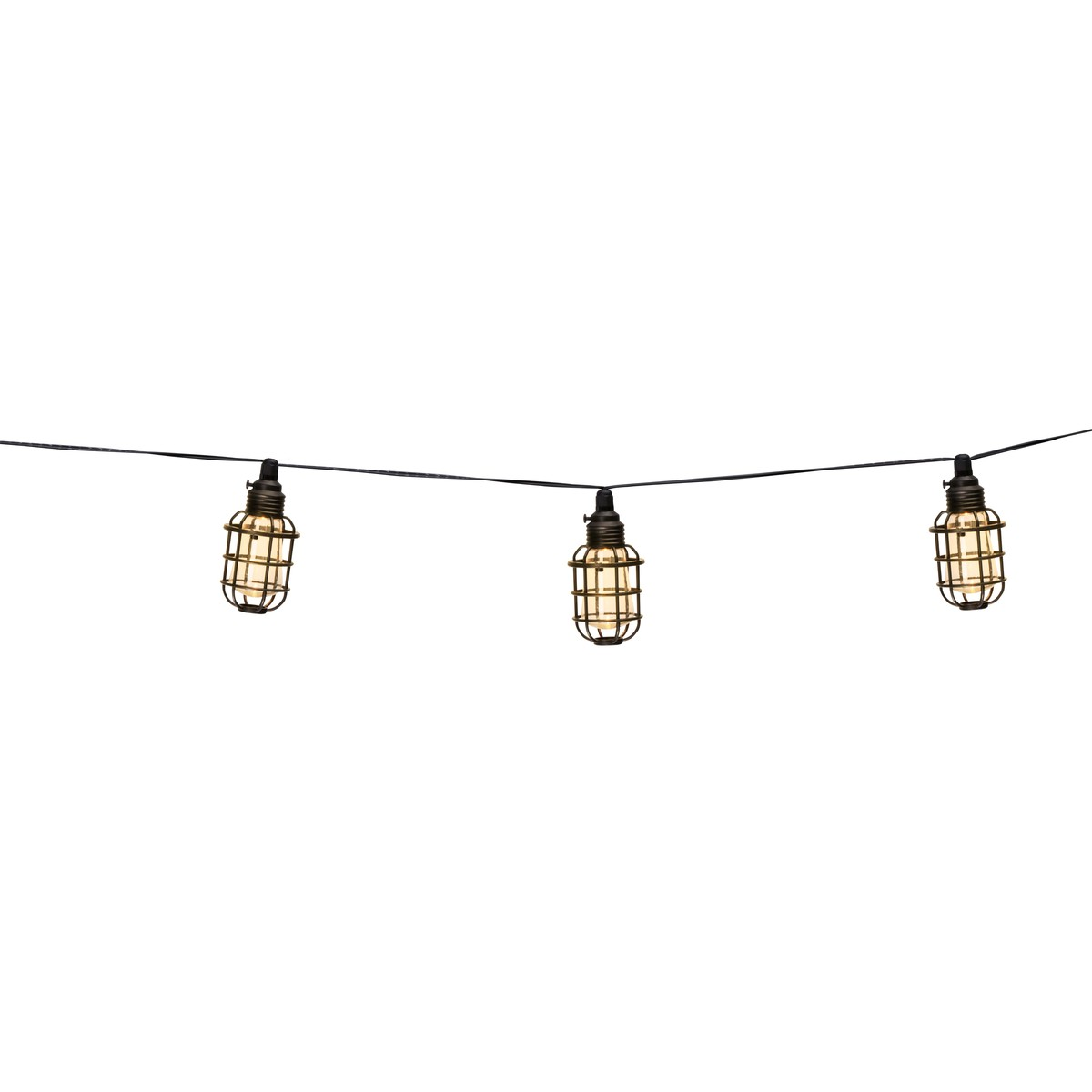 Three string light bulbs with wire cages hang on a cord.