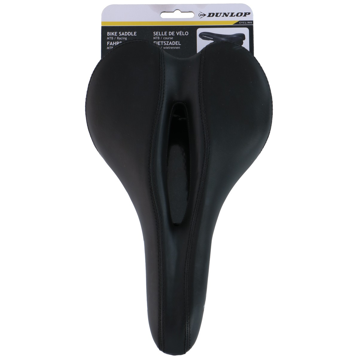 Zwart Dunlop fietstourzadel voor MTB en racefiets, in verpakking.