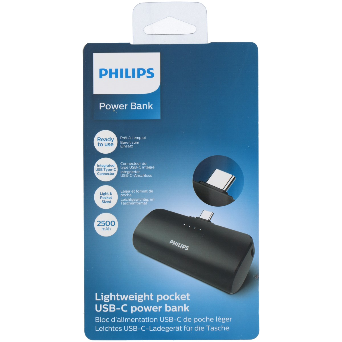 Schwarzes Philips Power Bank mit USB-C-Anschluss, 2500 mAh Kapazität.
