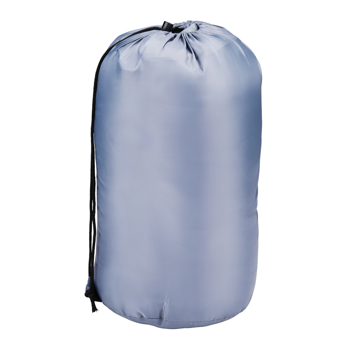 Un sac cylindrique gris avec cordon de serrage et cordon noir.