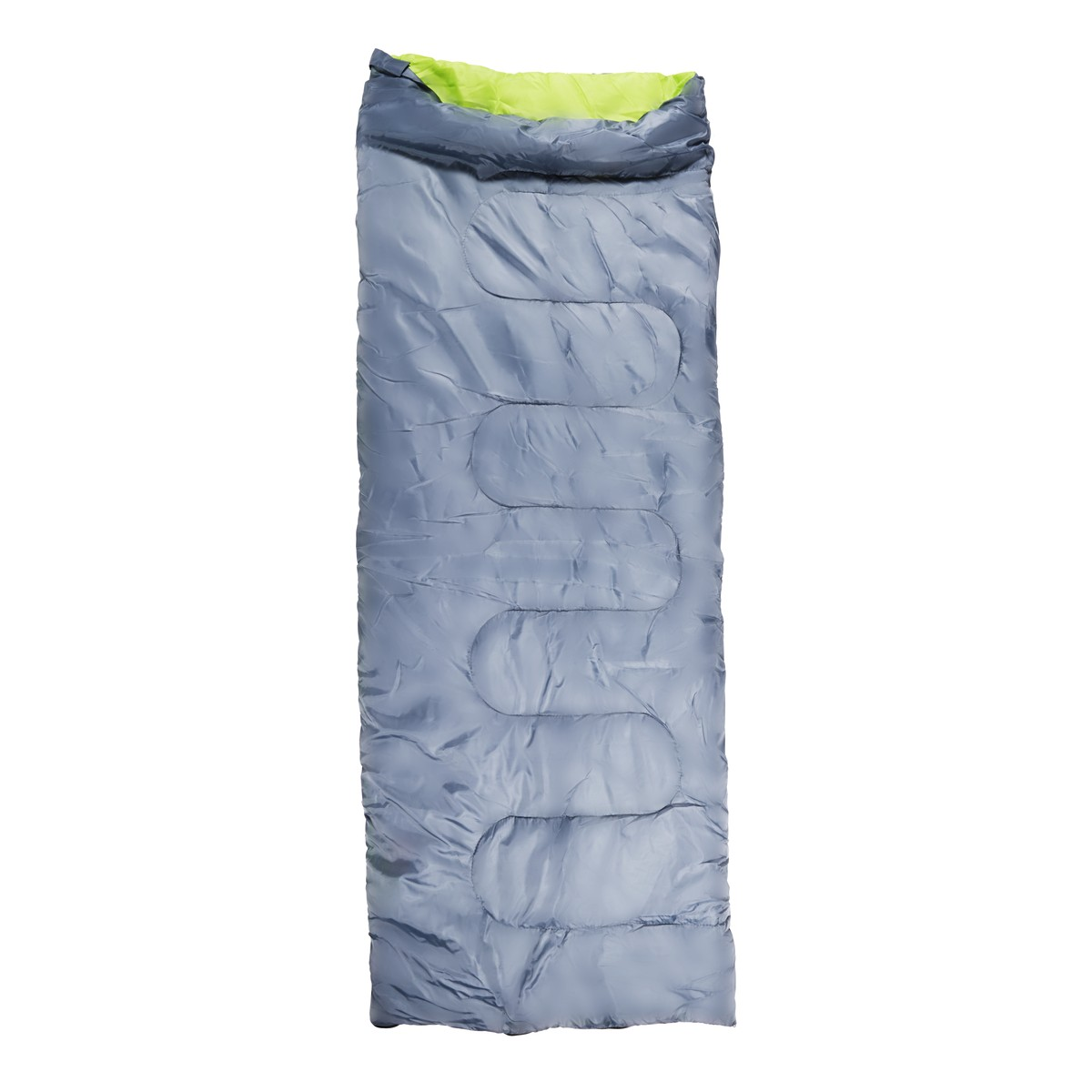 Sac de couchage gris avec doublure vert citron, posé à plat.