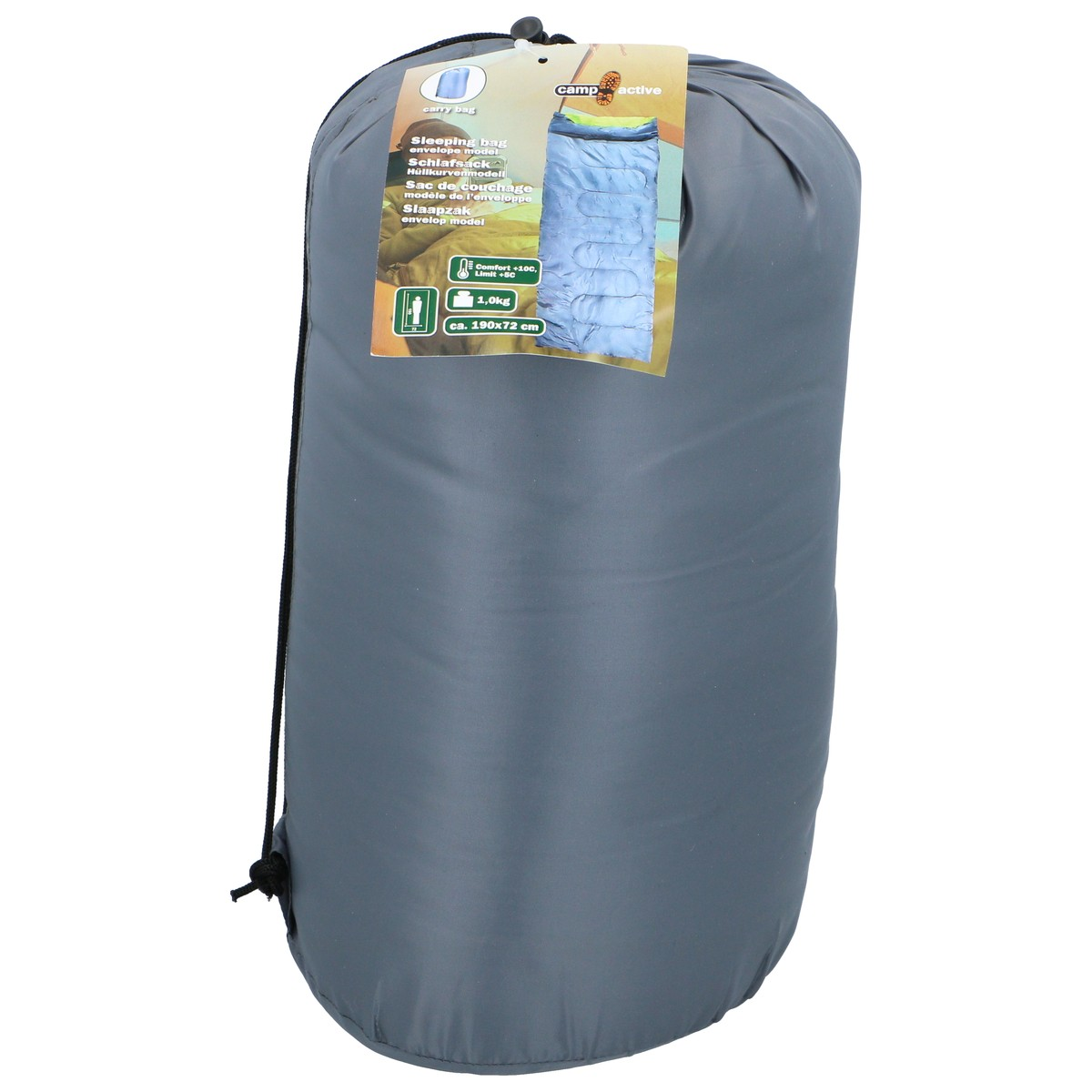 Sac de couchage gris dans son sac de transport, avec étiquette montrant un sac bleu.
