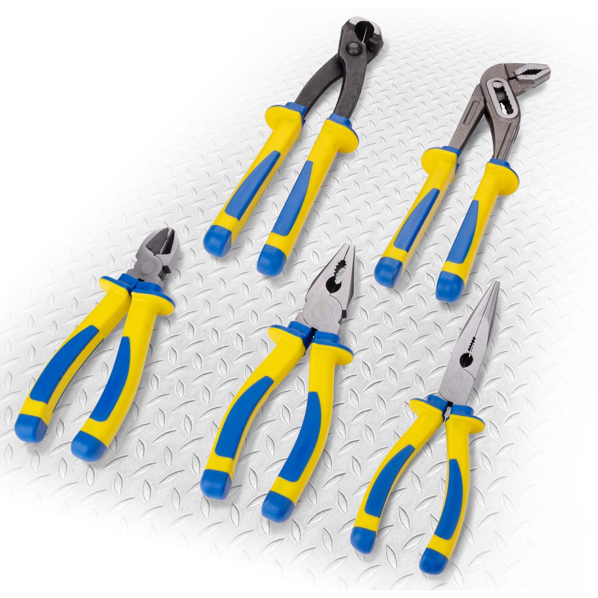 Six pliers with yellow and blue handles on a metallic surface.