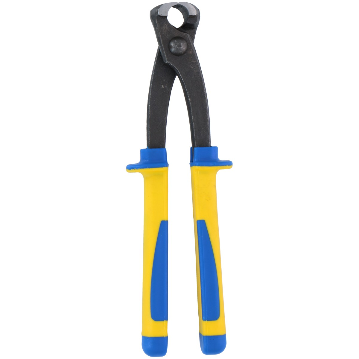 A pair of black metal cutting pliers with yellow and blue handles on a white background.