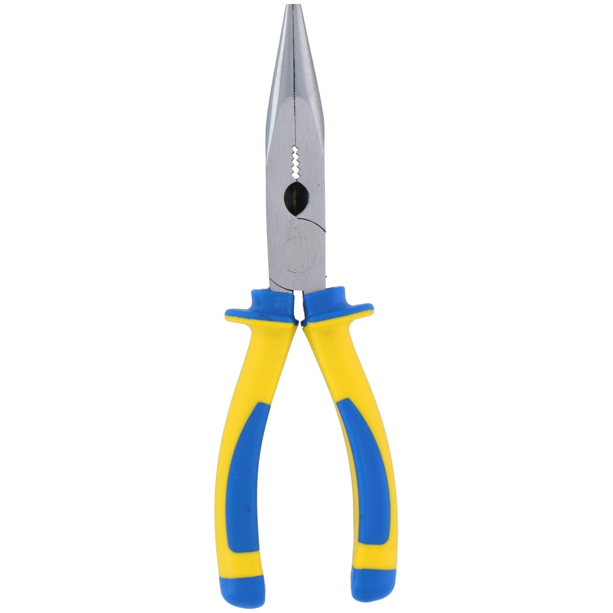 Long nose pliers with yellow and blue handles, isolated on a white background.