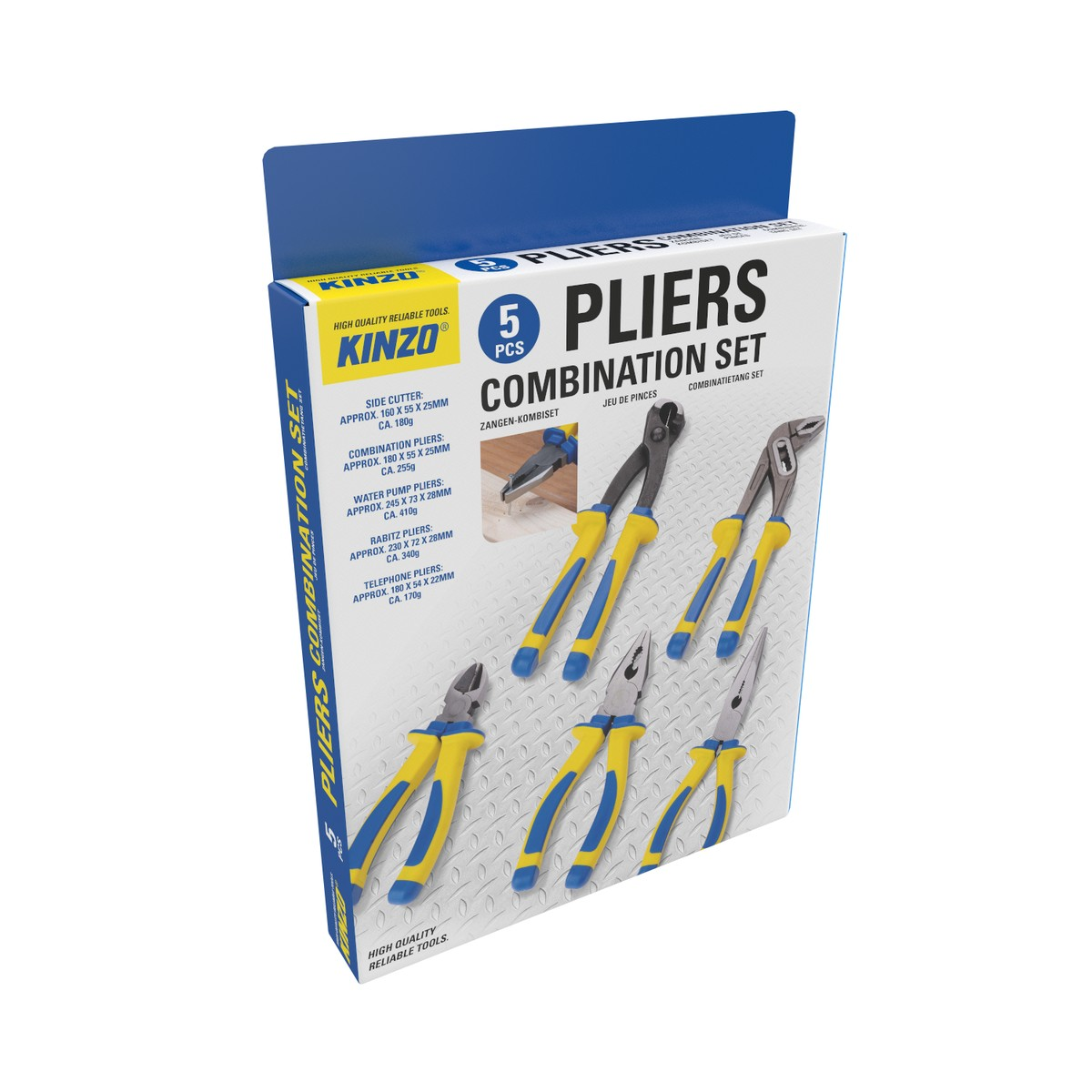 Packaging for a 5-piece Kinzo combination pliers set with blue and yellow handles.