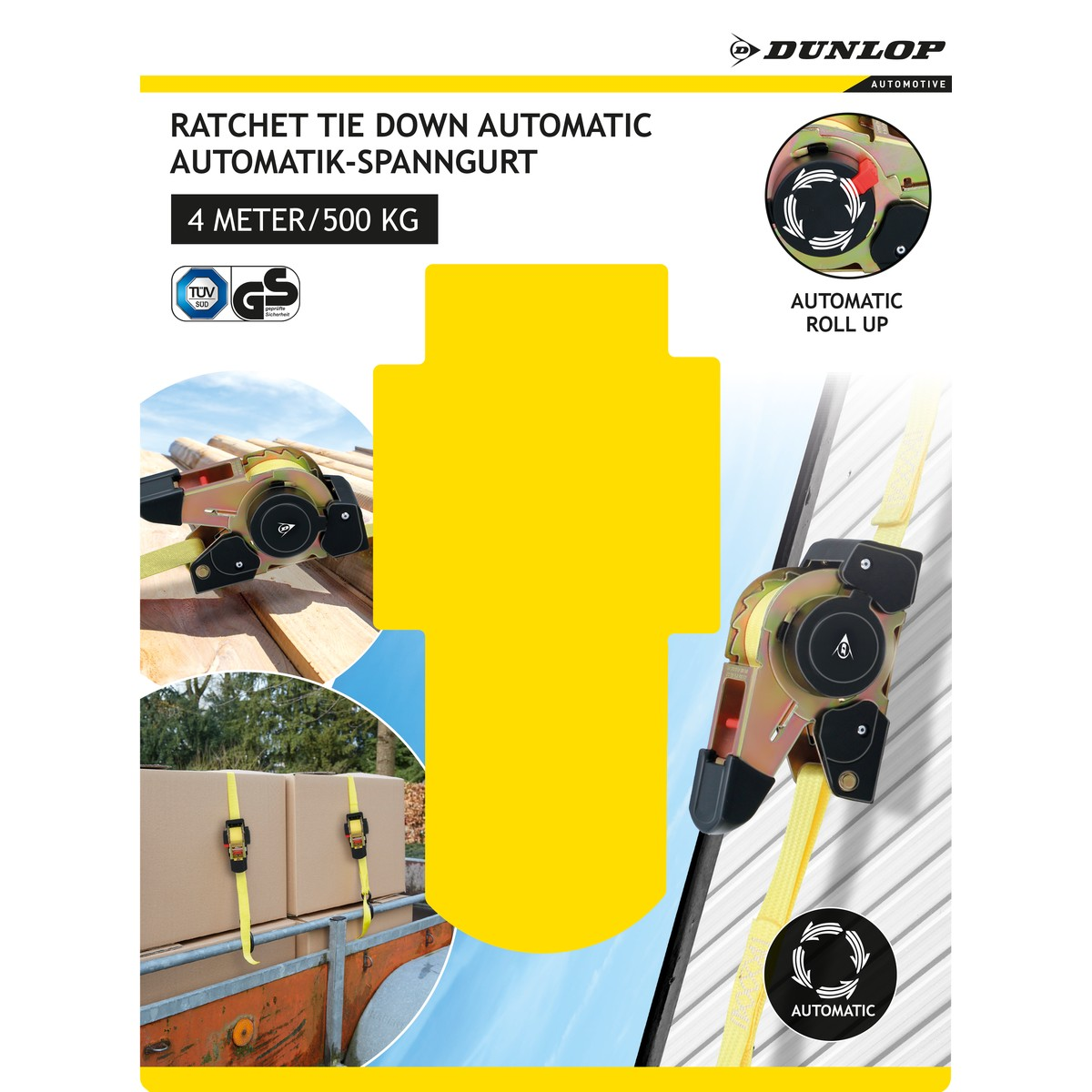 Dunlop rateltie-down band, 4m, 500kg, met automatische oproller.