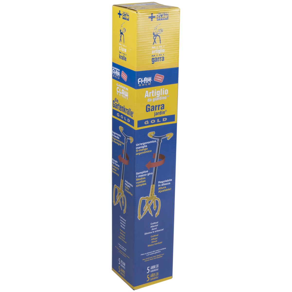 Emballage d'un outil de jardin à griffes, design jaune et bleu.