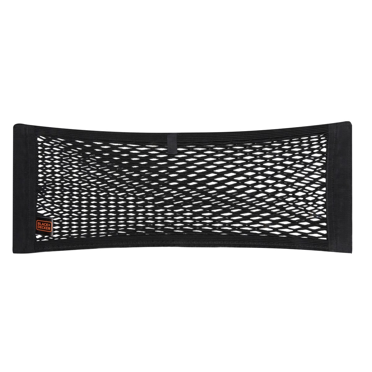 Zwart mesh opbergnet met zwarte rand en logo.