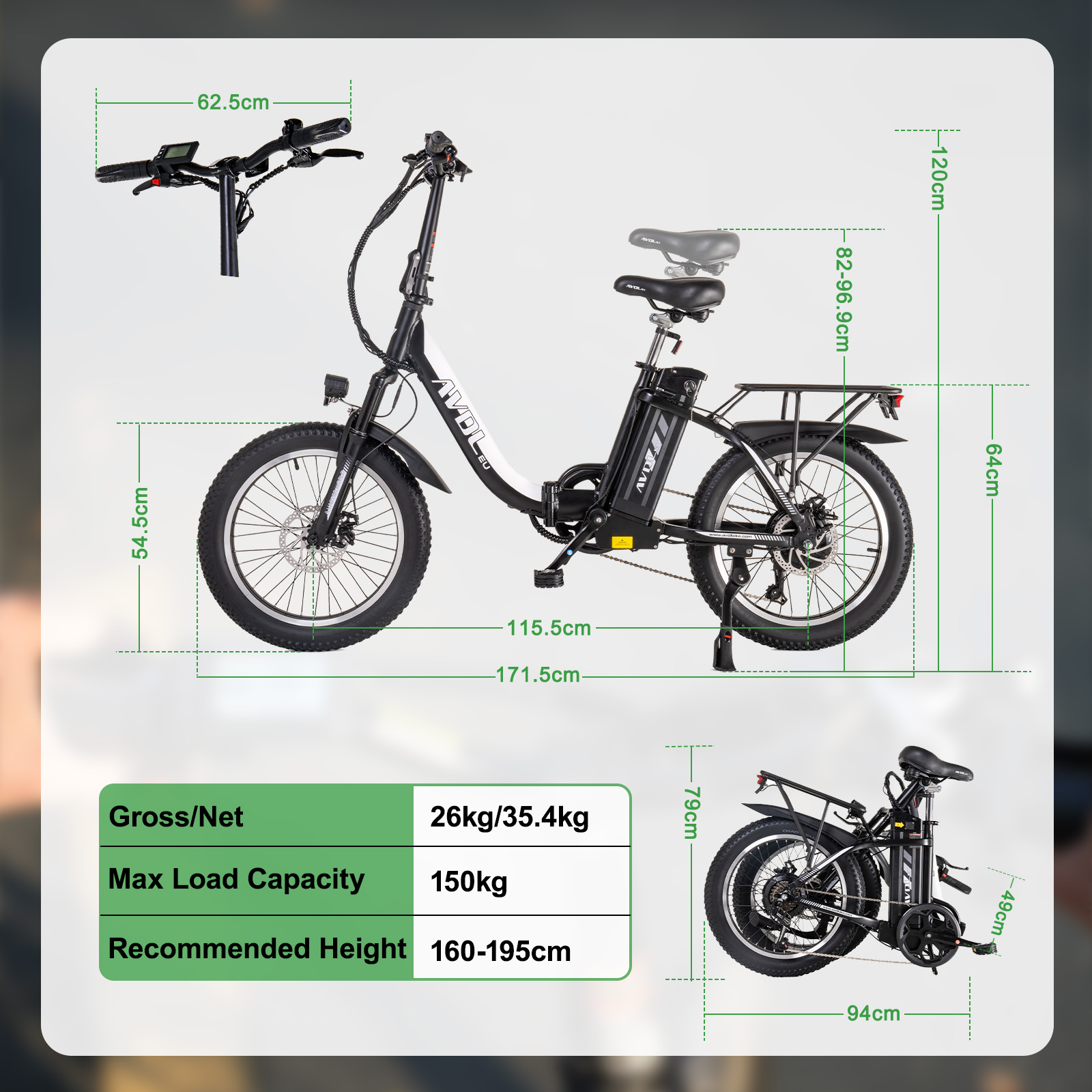 Schwarzes E-Bike mit Maßen. Daten: 26kg/35,4kg, 150kg max. Last, 160-195cm Höhe.