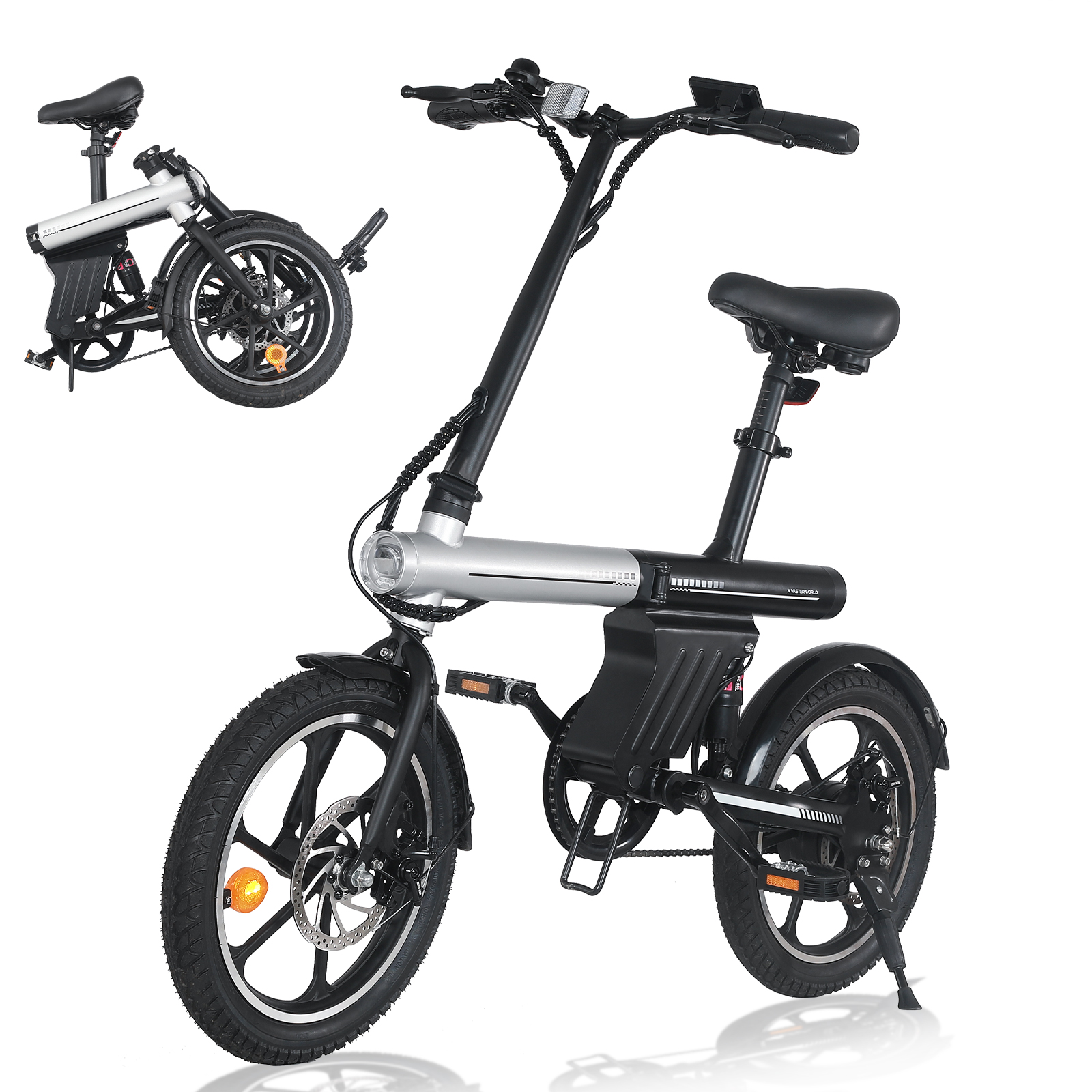 Ein faltbares schwarzes E-Bike mit silbernem Rahmen, weißem Hintergrund.