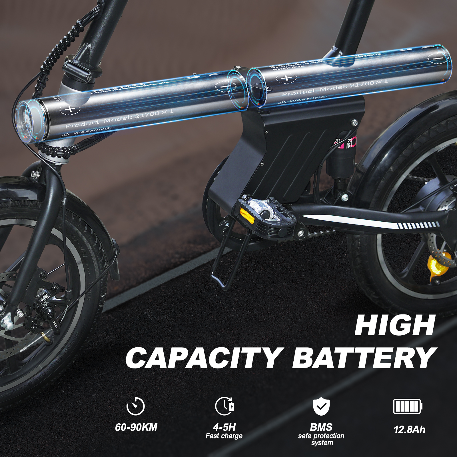 Nahaufnahme eines E-Bikes mit hervorgehobener Hochleistungsbatterie, Modell 21700.
