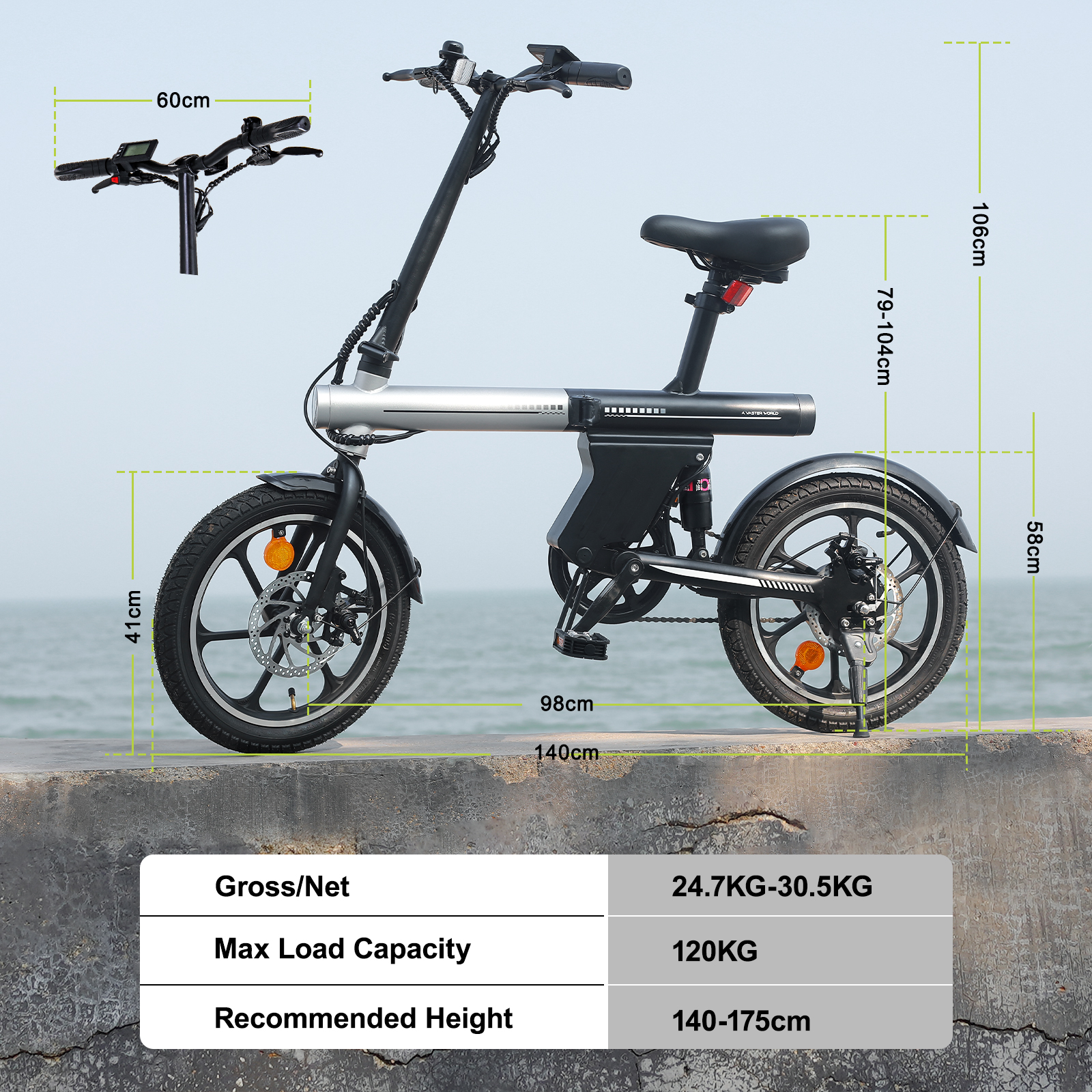 Ein silbernes und schwarzes faltbares E-Bike mit Maßen und Spezifikationen.