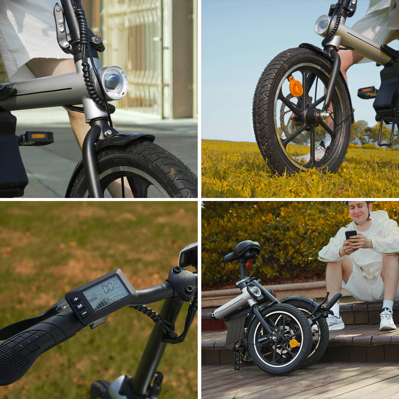 Nahaufnahme des Vorderrads eines silbernen E-Bikes mit Scheinwerfer und Trittbrett.