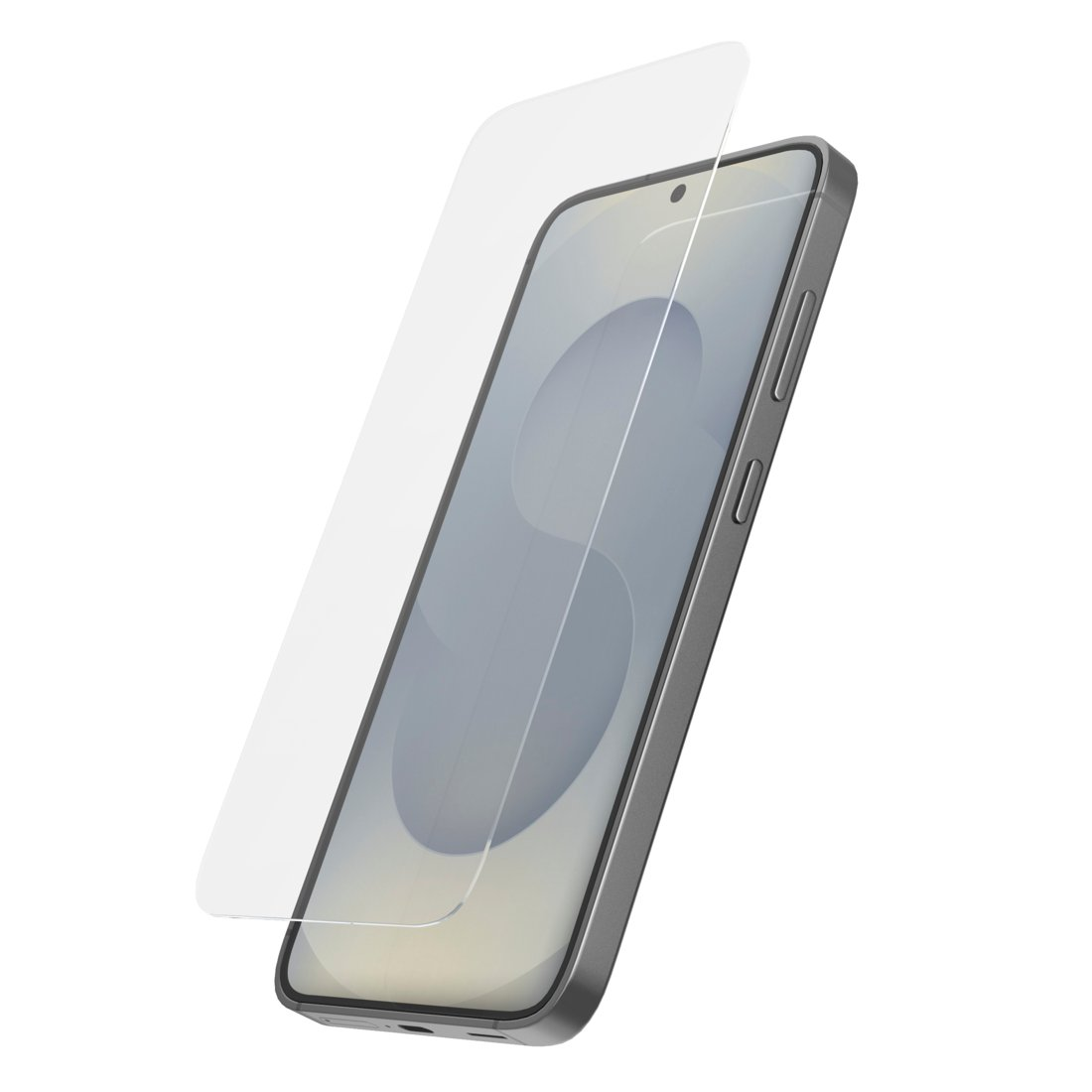 Una protezione schermo trasparente giace diagonalmente su uno smartphone grigio.