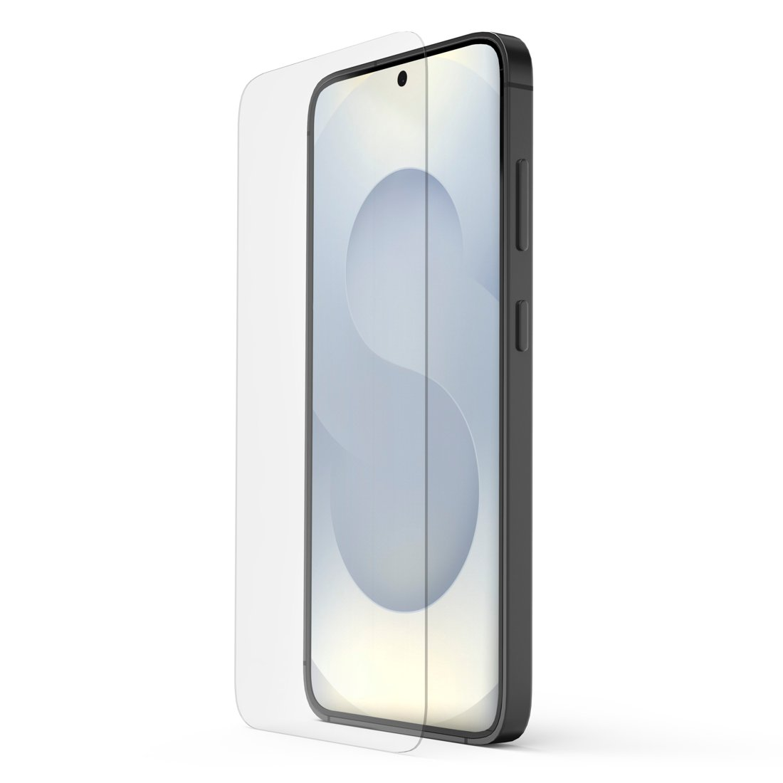 Smartphone nero con protezione schermo, su sfondo bianco.