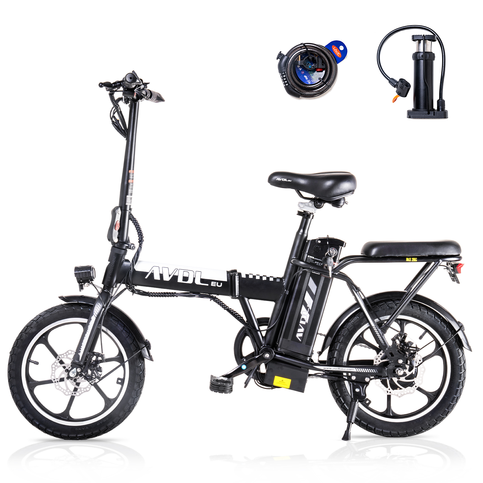 Schwarzes faltbares E-Bike mit Zubehör: Schloss und Pumpe.