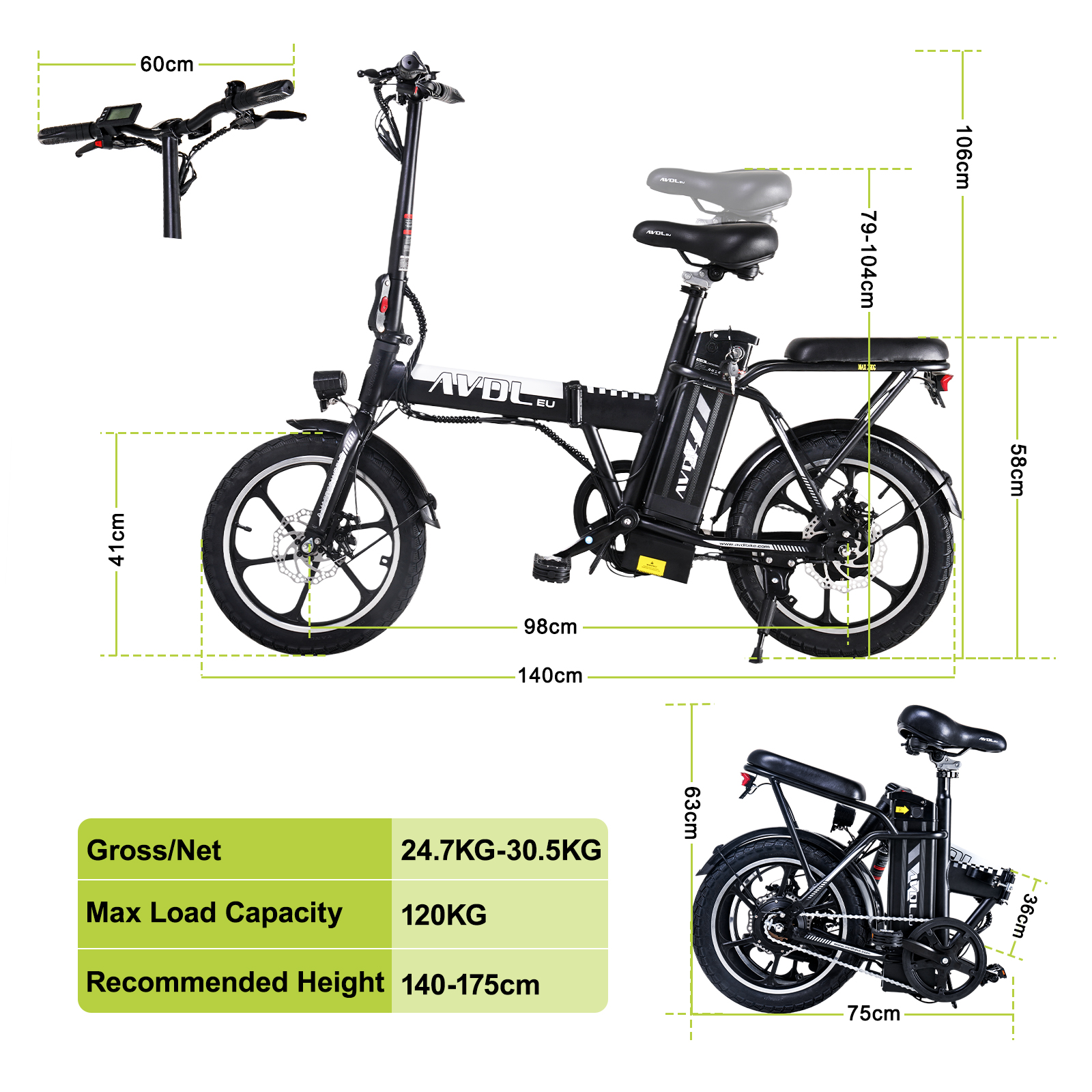 Schwarzes faltbares E-Bike mit Maßen und Spezifikationen. Max. Last 120kg.